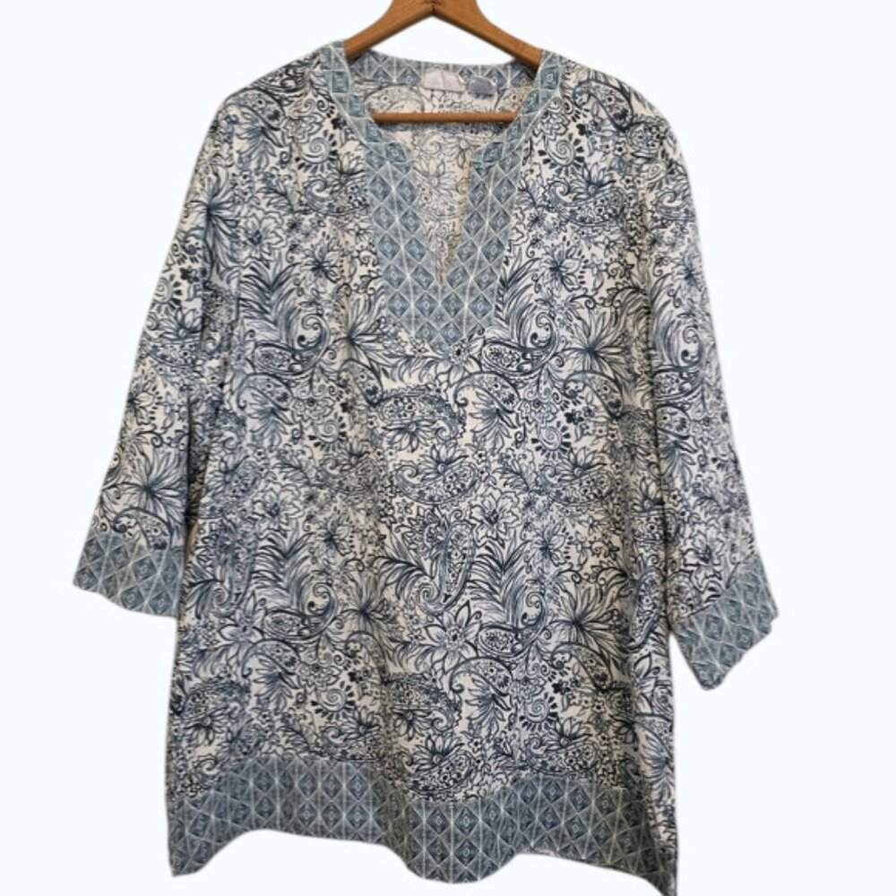 Sigrid Olsen 100% Linen Tunic Top Paisley Floral Teal & White Lagenlook Size L